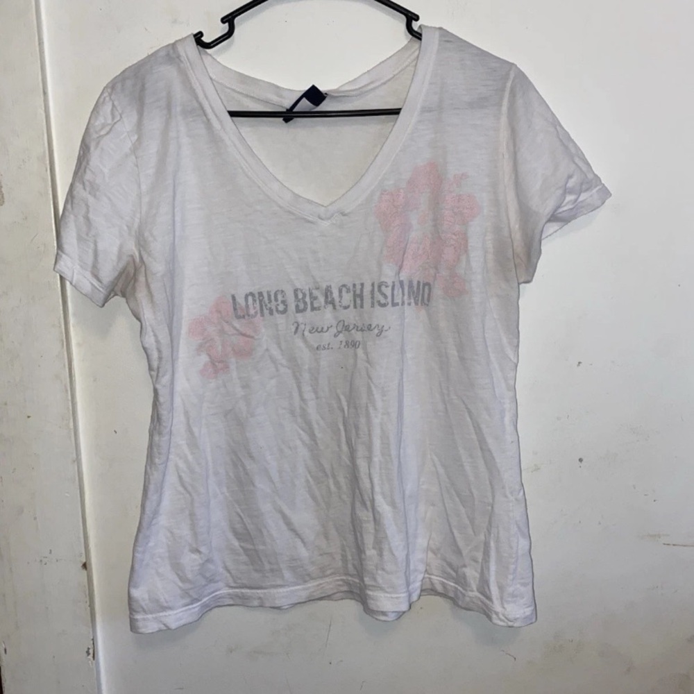 White V-Neck Short Sleeve Tee with Pink Floral Accents